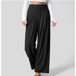 Halara Wide Leg Pants Women L  Black Plicated Waffle Work Flowy Workwear Baggy